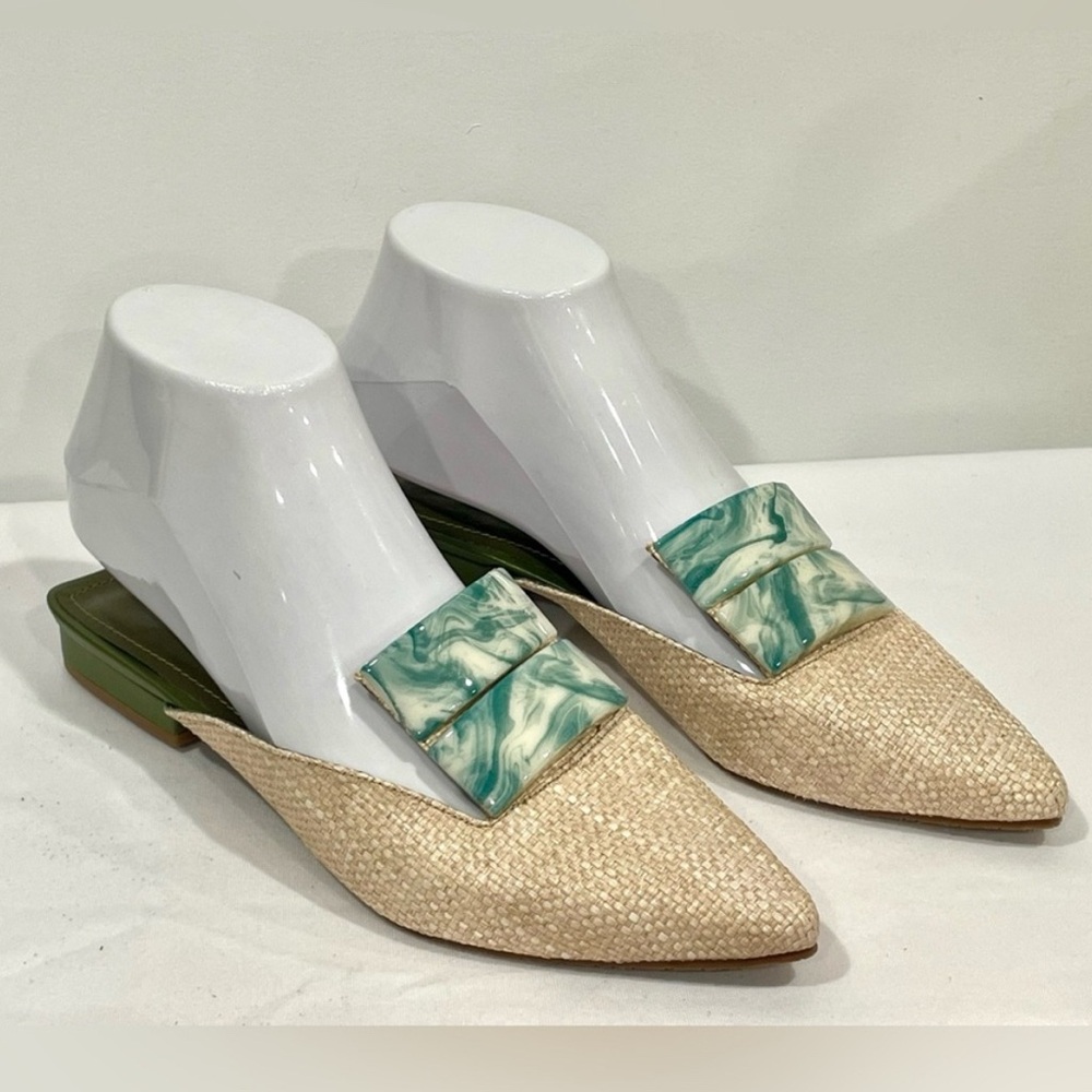 NWOT Maithé Raffia and leather mules, green marbled accent, never worn, sz36